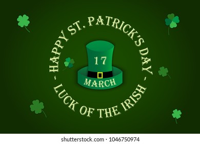 Saint Patricks Day Invitation Card Design with Treasure of Leprechaun on Blurred Green Background. Calligraphic Lettering Inscription Happy St Patricks Day. Vector Illustration.