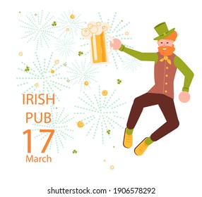 Saint Patricks Day invitation card. Joyful leprechaun with mug of beer jumping. Flat Art Vector illustration