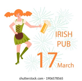 Saint Patricks Day invitation card. Joyful leprechaun with mug of beer dancing. Flat Art Vector illustration