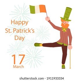 Saint Patricks Day invitation card. Joyful leprechaun with Irish flag dancing. Flat Art Vector illustration