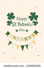 Saint Patricks Day Invitation Card Design with shamrocks and Four leaf clovers. Lettering Inscription Happy St Patricks Day. Greeting holiday design, invitation template, poster 
