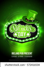 Saint Patrick's Day Invitation Card Design with Treasure of Leprechaun on Blurred Green Background. Calligraphic Lettering Inscription Happy St Patricks Day. Vector Illustration.
