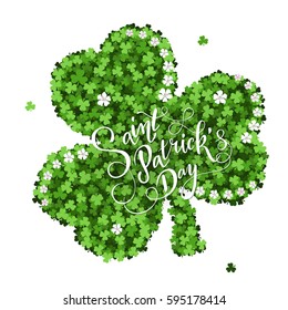 Saint Patrick's Day invitation card. Clovers background, lettering,spring holidays. Vector illustration EPS10.