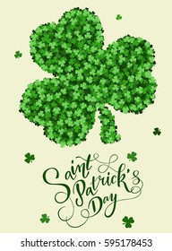 Saint Patrick's Day invitation card. Clovers background, lettering,spring holidays. Vector illustration EPS10.