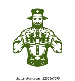 Saint Patrick's Day Irish athletic man pub bar foamy beer mug feast cheers holiday vintage icon vector flat illustration. Celtic muscular male traditional alcohol beverage festive malt ale drink