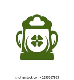 Saint Patrick's Day Irish foamy beer mug with two handles green clover vintage icon vector flat illustration. Celtic traditional feast cheers pub bar holiday celebrate lucky fortune shamrock decor