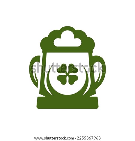Saint Patrick's Day Irish foamy beer mug with two handles green clover vintage icon vector flat illustration. Celtic traditional feast cheers pub bar holiday celebrate lucky fortune shamrock decor