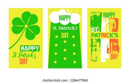 Saint Patrick's Day. 
Irish holiday templates for greeting card, invitation, party, banner, festival poster, flyer, instagram stories. Green beer, shamrock, flag. Conceptual lettering.