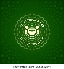 Saint Patrick's Day Irish horseshoe pot with golden coin social media post template vintage vector illustration. Celtic fortune success financial prosperity circle badge green clover shamrock