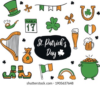 Ilustradores irlandeses en el Día de San Patricio. Símbolos - sombrero, cerveza, herradura, arcos, tubería, olla con oro, etc.