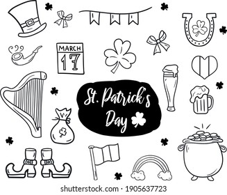 Saint Patrick's Day irish icons set. Symbols - hat, beer, horseshoe, bows, pipe, pot with golden, etc.