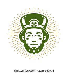 Saint Patrick's Day Irish leprechaun portrait lucky clover circle bright golden rays vintage icon vector flat illustration. Celtic culture character troll gnome face in hat fortune success mascot