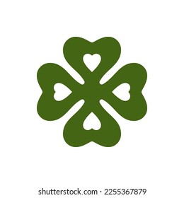 Saint Patrick's Day Irish luck and love green clover vintage icon vector flat illustration. Celtic traditional success shamrock fortune petals plant culture folklore mascot leaves with heart design