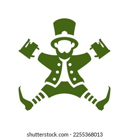 Saint Patrick's Day Irish lucky jumping leprechaun with foamy beer mug vintage icon vector flat illustration. Celtic green troll gnome costume silhouette pub bar holiday feast fairy tale character