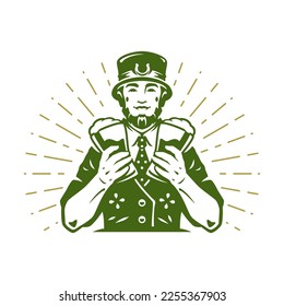 Saint Patrick's Day Irish male leprechaun with foamy beer glass bright rays vintage icon vector flat illustration. Celtic bearded man in hat with horseshoe pub bar feast alcohol beverage golden design