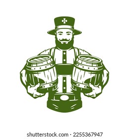 Hombres irlandeses del Día de San Patricio con barril de cerveza de madera festín vintage icono vintage ilustración plana. Hombre celta en sombrero con trébol verde suerte fortuna tradicional insignia de celebración festiva