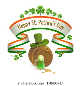 Saint Patrick's Day. Irish national holiday with leprechaun hat, keg, clover and green beer.