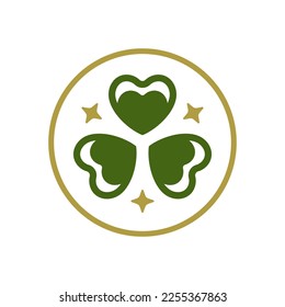 Saint Patrick's Day Irish shamrock magic lucky fortune clover golden circle frame vintage icon vector flat illustration. Celtic traditional trefoil good luck love heart green plant round border design