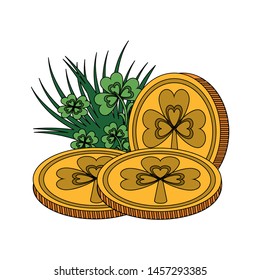 saint patricks day irish tradition golden coins with clovers cartoon vector illustration graphic design