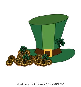 saint patricks day irish tradition leprechaun hat with golden coins and clovers cartoon vector illustration graphic design