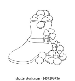 saint patricks day irish tradition green leprechaun boot with golden coins and clovers cartoon vector illustration graphic design