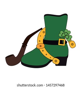 saint patricks day irish tradition green leprechaun boot with horsehoe and clover with tobacco pipe cartoon vector illustration graphic design