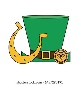 saint patricks day irish tradition leprechaun hat with golden coins and horsehoe cartoon vector illustration graphic design