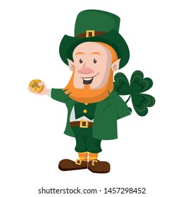 saint patricks day irish tradition green leprechaun with clover and coin cartoon vector illustration graphic design