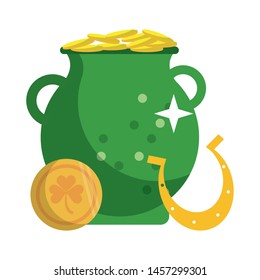 saint patricks day irish tradition golden coins pot with horseshoe cartoon vector illustration graphic design