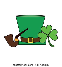 saint patricks day irish tradition leprechaun hat with tobacco pipe and clover cartoon vector illustration graphic design