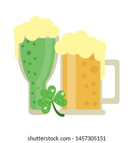 saint patricks day irish tradition clover with beer glasses cartoon vector illustration graphic design