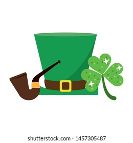 saint patricks day irish tradition leprechaun hat with tobacco pipe and clover cartoon vector illustration graphic design