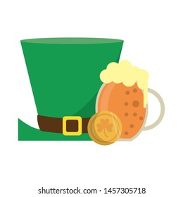 saint patricks day irish tradition leprechaun hat with beer and coin cartoon vector illustration graphic design