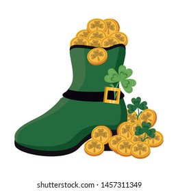 Saint Patrick's day Irish tradition green leprechaun boot with golden coins and clovers. cartoon vector illustration.