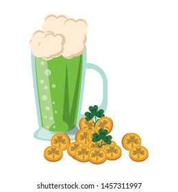Saint Patrick's day irish tradition golden coins with clovers and green beer cartoon. vector illustration.