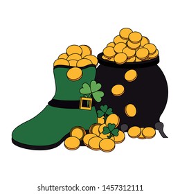 Saint Patrick's day irish tradition green leprechaun boot with golden coins pot and clovers cartoon vector. illustration.