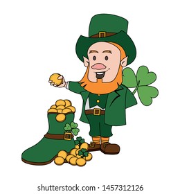 Saint Patrick's day irish tradition green leprechaun with golden coins inside boot and clovers cartoon. vector illustration.