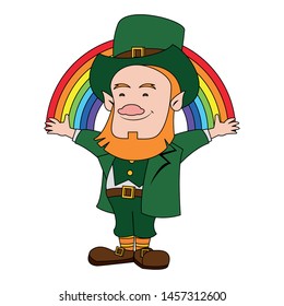 Saint Patrick's day irish tradition green leprechaun with rainbow cartoon vector illustration.