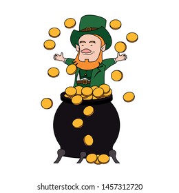 Saint Patrick's day irish tradition green leprechaun with golden coins pot cartoon. vector illustration.