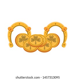 Saint Patrick's day irish tradition golden coins with horseshoes cartoon vector illustration.
