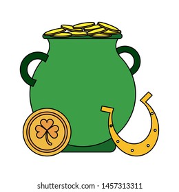 Saint Patrick's day irish tradition golden coins pot with horseshoe cartoon. vector illustration.