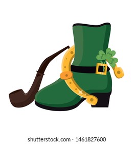 Saint Patricks day Irish tradition icons. green leprechaun boot with horseshoe and clover with tobacco pipe cartoon vector illustration. Graphic design vector illustration.
