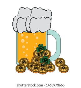saint patricks day irish tradition golden coins with clovers and beer cartoon vector illustration graphic design