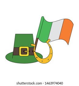 saint patricks day irish tradition leprechaun hat with ireland flag and horseshoe cartoon vector illustration graphic design