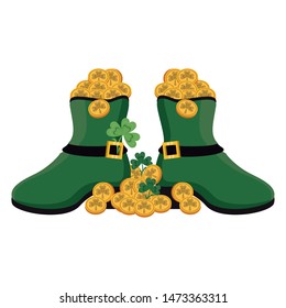 saint patricks day irish tradition green leprechaun boots with golden coins and clovers cartoon vector illustration graphic design