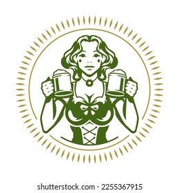 Saint Patrick's Day Irish woman with foamy beer mug golden circle rays vintage icon vector flat illustration. Celtic traditional pub bar alcohol beverage holiday cheers feast celebration badge design