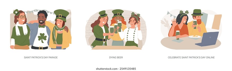 Conjunto de Ilustraciones vectoriales de dibujos animados aislados del día de San Patricio. Grupo de personas felices en el desfile, con disfraces divertidos, vacaciones irlandesas, cerveza moribunda o agua en verde, celebran dibujos animados de Vector en línea.