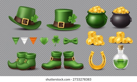 Saint Patricks Day Isolated Elements Set with Leprechaun Hat, Pot of Gold, Clover and Horseshoe