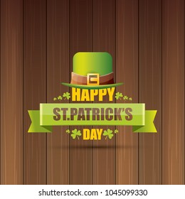 saint patrick's day label or poster with green hat, lucky clovers and vintage ribbon on abstract vintage wooden background. vector saint patriks day banner or greeting card