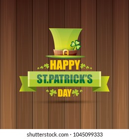 saint patrick's day label or poster with green hat, lucky clovers and vintage ribbon on abstract vintage wooden background. vector saint patriks day banner or greeting card